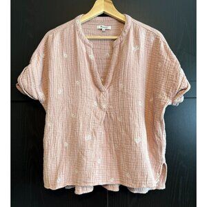 Madewell Pink Crinkle V-Neck Peasant Blouse Medium Flowers Short Sleeve Boho